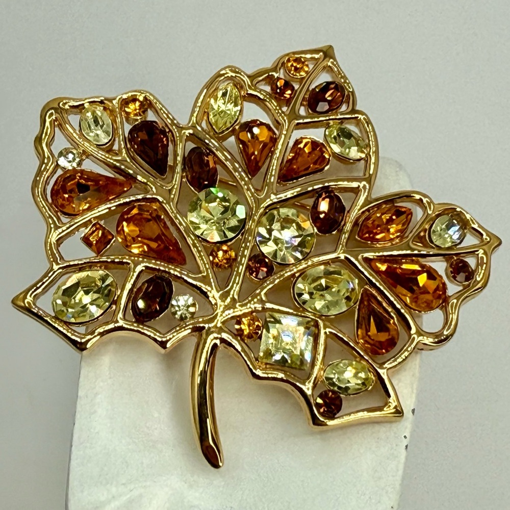 Vintage Nolan Miller Maple Leaf Brooch Amber Citrine Rhinestones Signed Designer